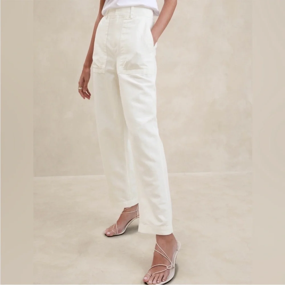 EUC Banana Republic Mya Cotton-Linen Cargo Iced Vanilla Ivory High Rise Pants 4